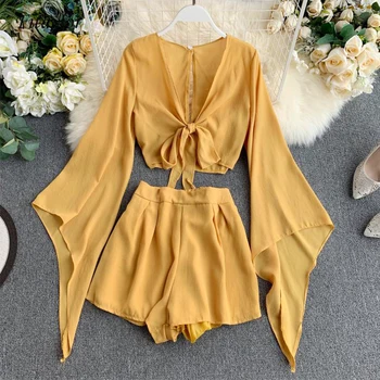 

Fitaylor Summer 2 Piece Chiffon Outfits For Women Flare Sleeve Crop Top + Broad-legged Shorts Fashion Ladies Sexy Suit Set
