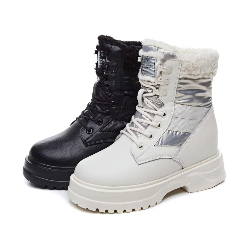 

Flat Platform Boots Women Shoes Autumn Winter Fur Fashion Round Toe Lace-up Genuine Leather Boots Ladies Shoes Warm Winter Boots