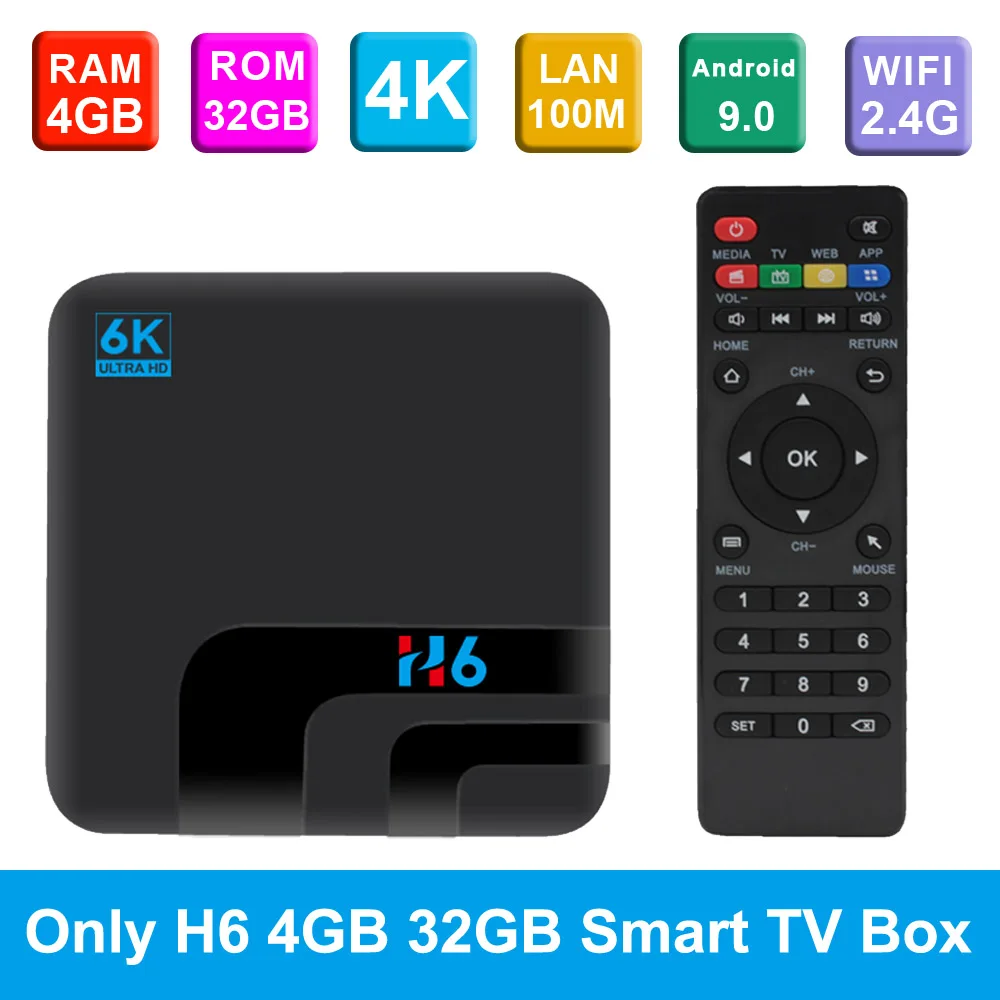 H6 Смарт ТВ приставка 2G/16G 4G/32G Android9.0 ТВ приставка Allwinner H6 6K HDR 2,4G WiFi 100M LAN USB3.0 H.265 VP9 UHD 4K медиаплеер - Цвет: Only 4GB TV box