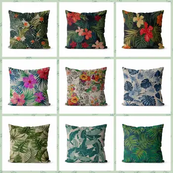 

Linen Cushion Cover Sofa Throw Pillow Case Home Decoration Tropical Flowers Palm Leaf Decorative Personalized Gift 40*40 45*45