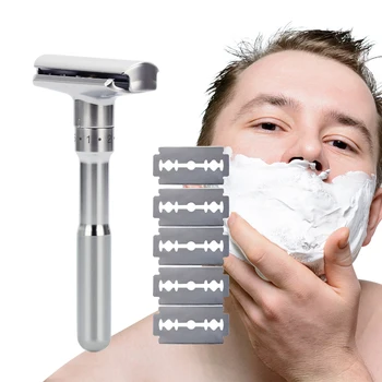 

Adjustable Safety Razor Double Edge Classic Mens Razor Shaving Razor Blades 1-6 File Hair Removal Shaver with 5 Blades