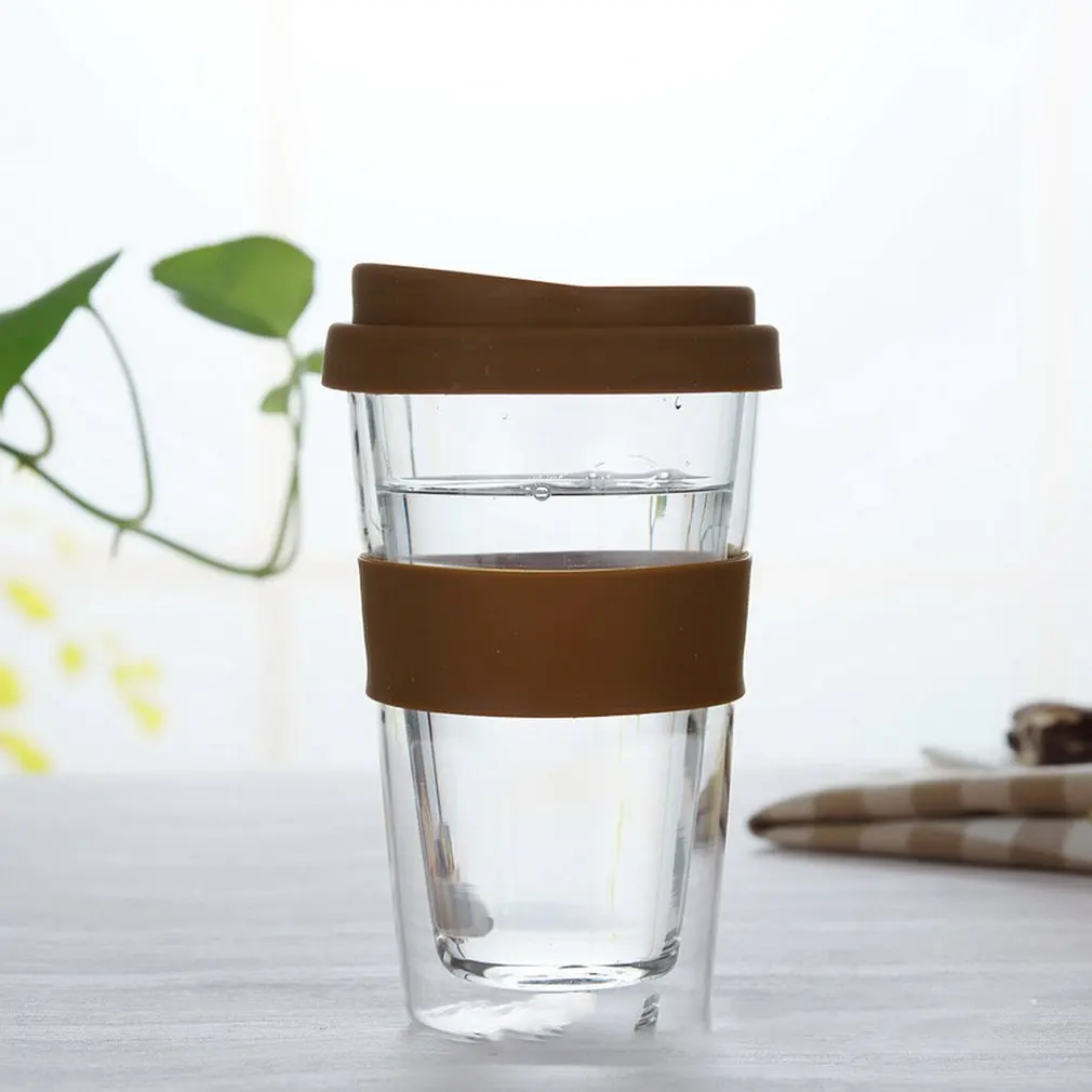 Портативное Термостойкое Двухслойное стекло с силиконовой крышкой толстое стекло кофейно-коричневое покрытие двухслойная чашка s