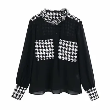 

Women chiffon patchwork tweed blouse 2019 Autumn see through long sleeve female elegant shirt stylish chic top blusas