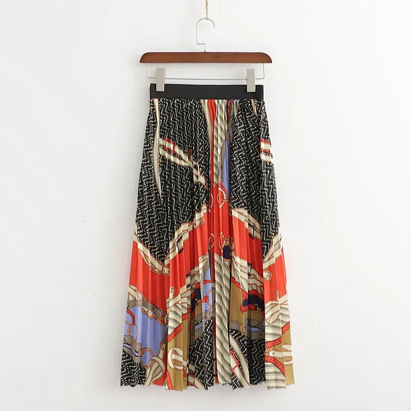 

19 Summer Versatile Casual Chain Printed Creased Skirt High-waisted A- line Long Skirts Women's Vintage Western Style