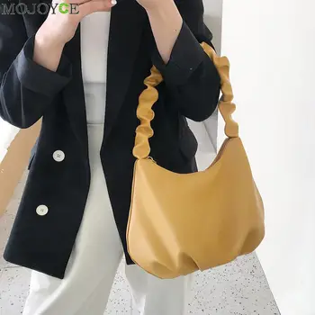 

Elegant PU Leather Pleated Armpit Handbags Women Pure Color Zipper Shoulder Bags Reusable Women Bag Shopping Beach Bag