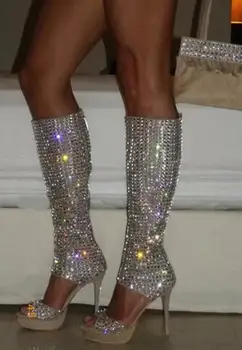 

New Fashion Women Open Toe Rhinestone High Platform Gladiator Boots Cut-out Knee High Crystal High Heel Boots Dress Shoes