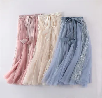 

Korean style high waist lace stitching mid-length skirt women's new strap elastic waist big swing fairy mesh skirt