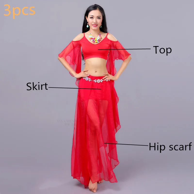 3pcs-Red Белый сетчатый сексуальный прозрачный женский костюм для танца живота, 3 предмета, длинный хип-шарф, танцовщица, PracticeTeam Dance, одежда для восточных танцев - Цвет: 3pcs-Red