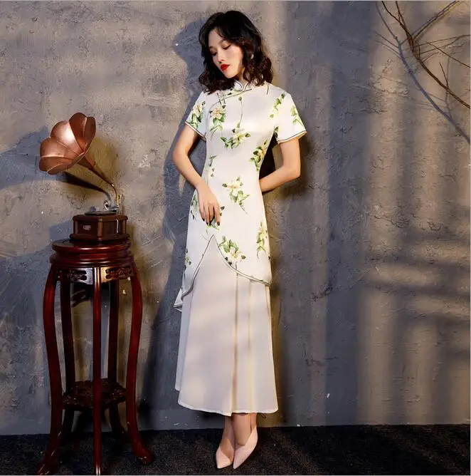 Aodai негабаритный 4XL китайское традиционное женское платье винтажное женское сексуальное Cheongsam Элегантное вискозное платье с принтом ручной работы и пуговицами Ципао