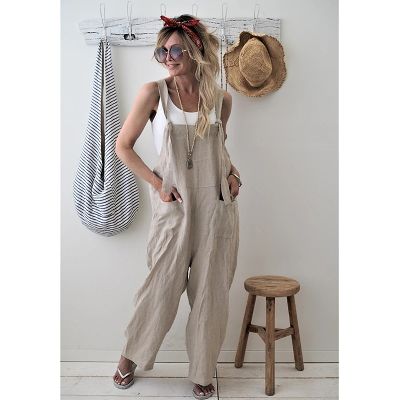 Summer Jumpsuit Cotton Linen High Quality Jumpsuit Loose Womens Jumpsuits Rompers Casual Overalls Strap Solid One Piece Romper
