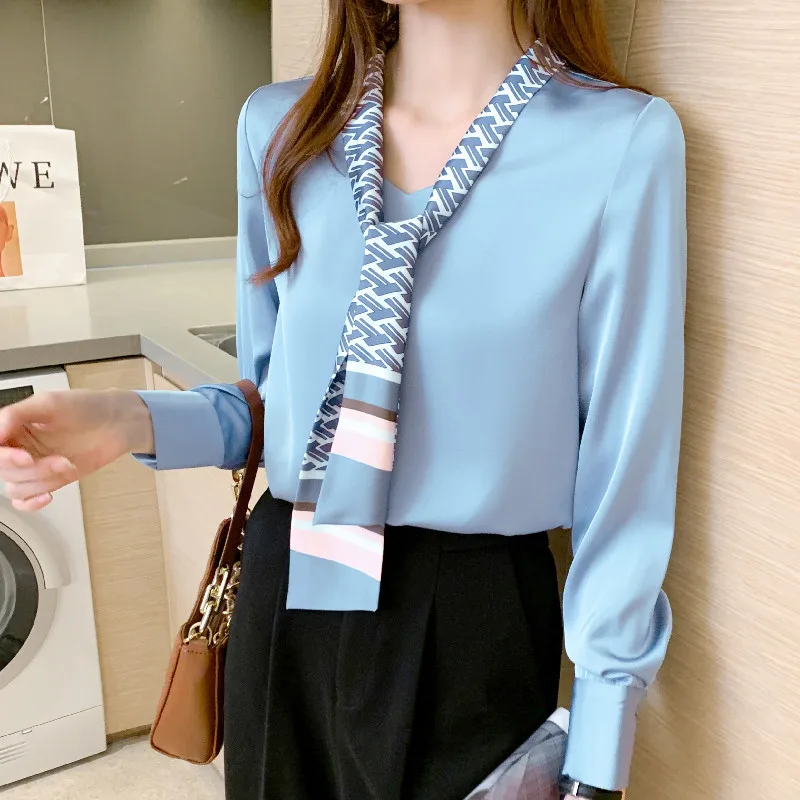 2021 Spring Women's Top White Chiffon Shirt Office V-Neck Temperament Tie Shirt Long Sleeve Foreign Style Tie Oversized Shirt