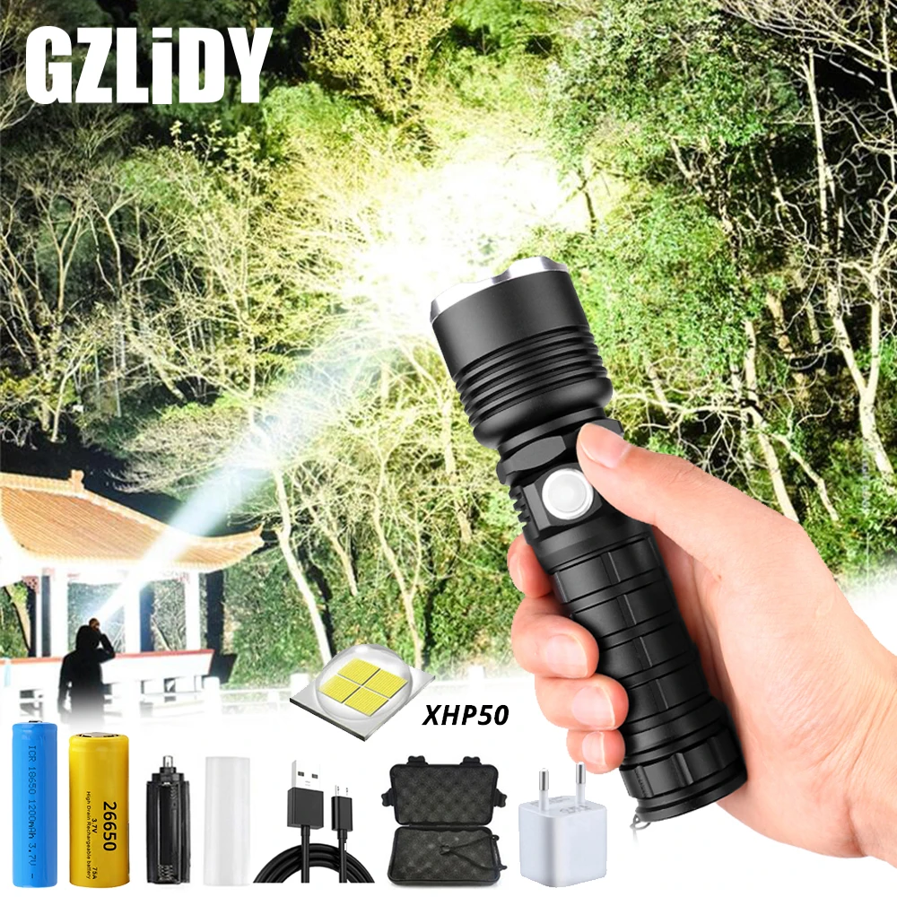 

Powerful XHP50 LED Flashlight USB Charging LED Tactical Torch Support Zoom 5 Lighting Modes Powered By 18650 or 26650 Battery