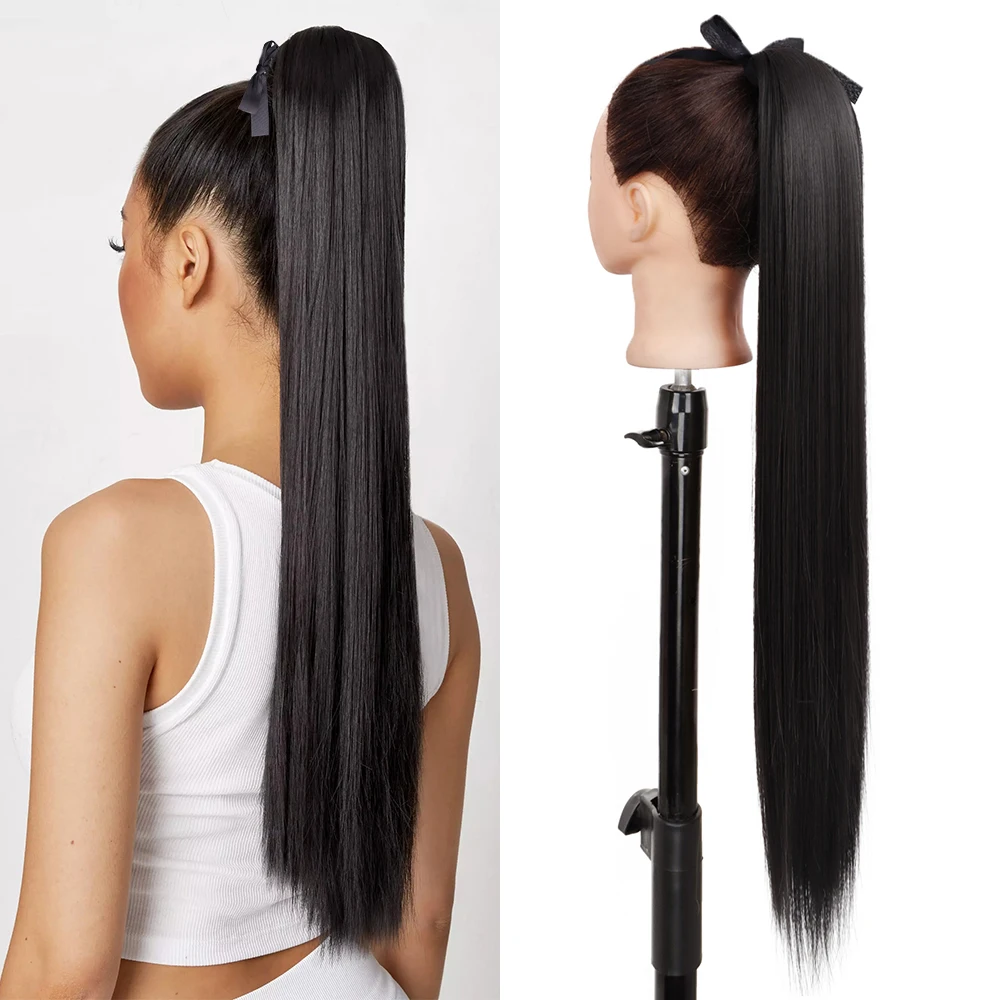 

Synthetic 34-Inch Fiber Heat-Resistant Straight Long Hair With Ponytail Fake Hair Chip-In Hair Extensions Pony Tail Wig