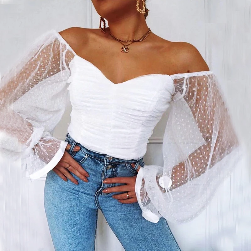 Square Collar Ruched Sexy Blouse Shirts Female See Through Mesh Polka Dot Fashion Long Sleeve Crop Tops Shirt