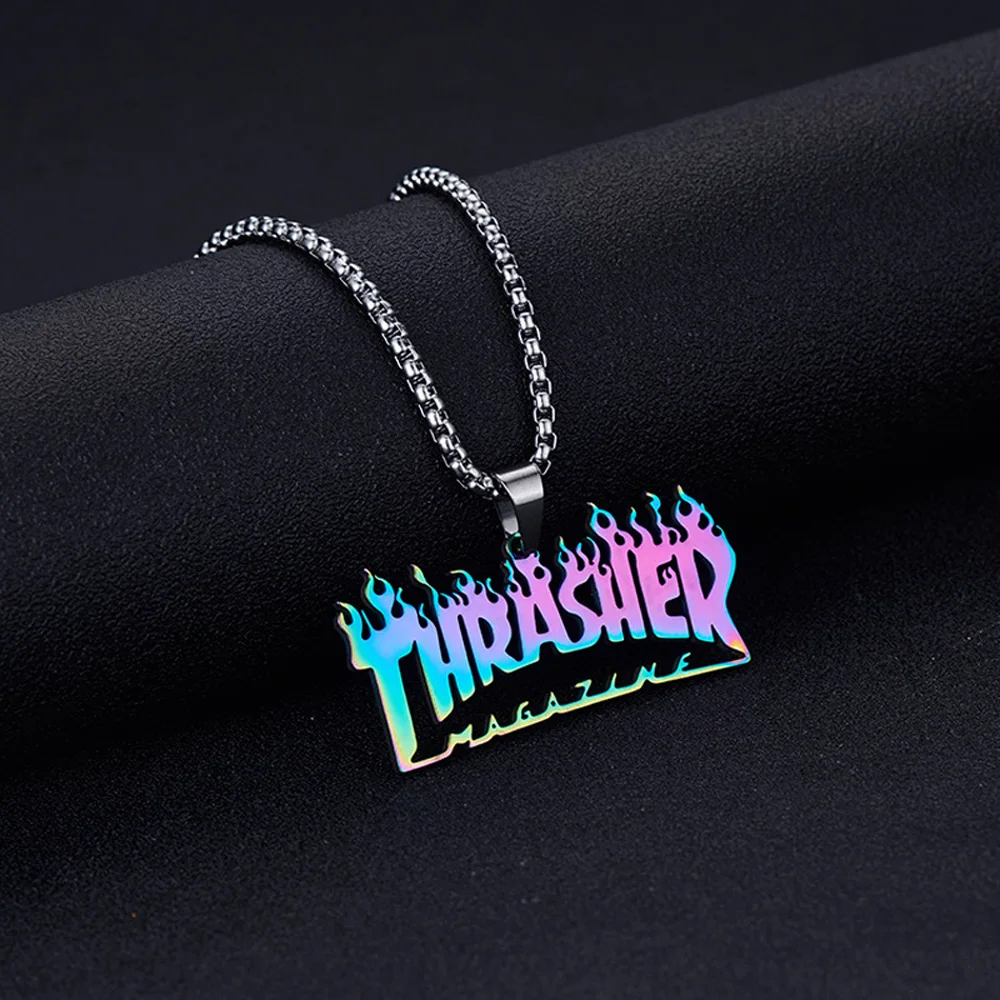 FIREBROS 2021 New Fashion Street Hip-Hop Rock Jewerly Men Women Stainless Steel Quenched Letter Magazine Flame Pendant Necklaces | Украшения