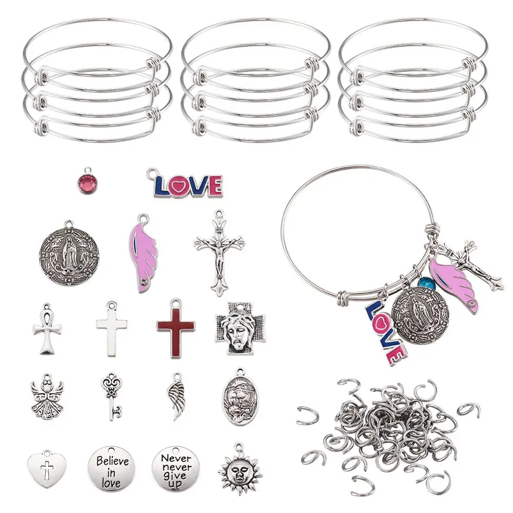 pandahall DIY Jewelry Making Kit with Alloy Pendants 65mm Adjustable Stainless Steel Expandable Bangle Jump Rings Glass Charms | Украшения