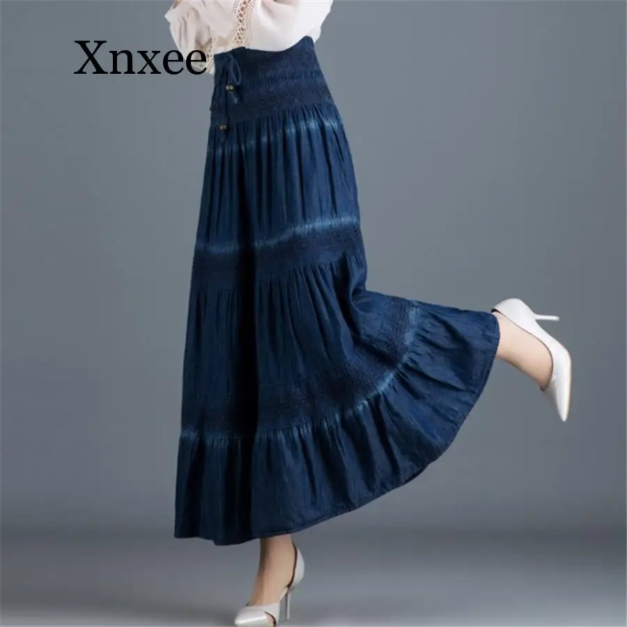 

long Denim Skirt Vintage Long Skirt Summer Women Dark Blue Maxi Jean Skirt High Waist Pleated Casual Skirt dancing dark blue