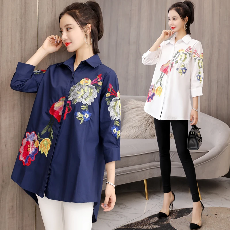 Plus Size Floral Embroidered Blouse Shirt Women Tops Cotton Loose Chemisier Vintage Irregular All-Match Blouses Shirts Clothes | Женская