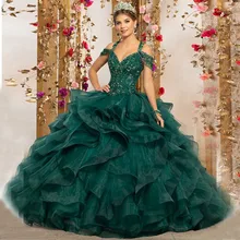 Роскошная женская обувь, расшитая зелеными Бальные платья сладкий 16 платье принцессы бальное платье со стразами с длинным платье для выпускного светится в течение 15 лет