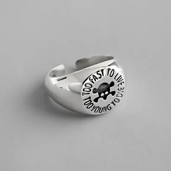 

INS Retro Authentic S925 Sterling Silver FINE Jewelry Personality letters skull Crossbones Round Surface band ring Open TLJ730