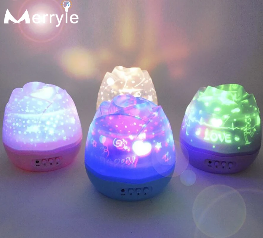 

USB Recharge Projector Stage Light Romantic Rose Buds Starry Sky Night Light Led Night Lamp for Kids Baby Children Gift Sleeping