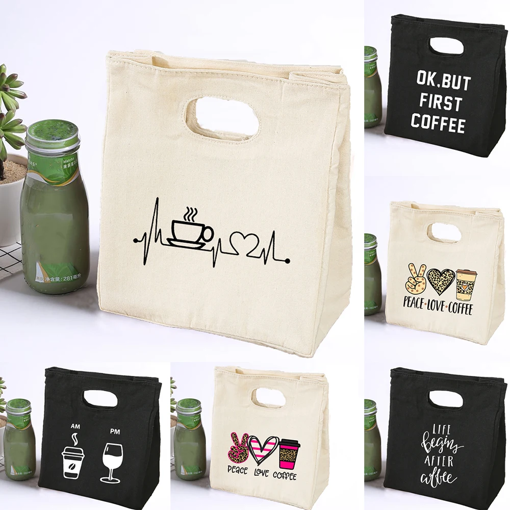 

Peace Love Coffee Women Canvas Portable Lunch Bag Men Eco Food Storage Cooler Picnic Bag Thermal Insulated Reusable Tote Bags