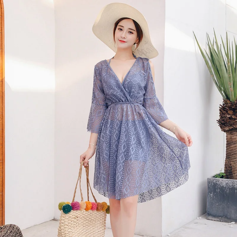 

New Beach Dress Swimwear Three-piece Ladies Sexy Skirt Swimwear Women Perspective Swimsuit Sweet Printed Swimming cover up