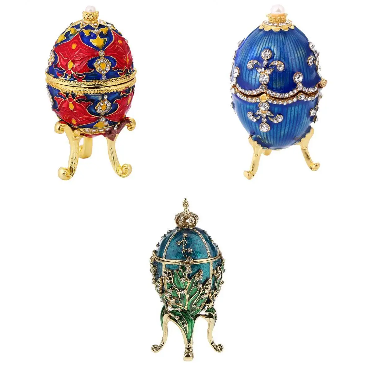 3 Pieces Luxury Faberge Easter Eggs Russian Royal Case Leg Jewellery Box Holder