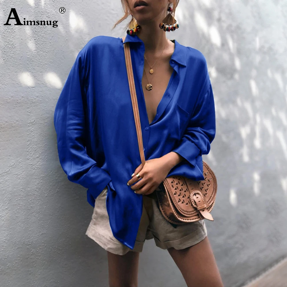 

Aimsnug Shirt Blouse Women 2020 Summer Autumn New Tops Single-breasted Long Sleeve Blue Long Elegant Ladies Casual Loose Shirt
