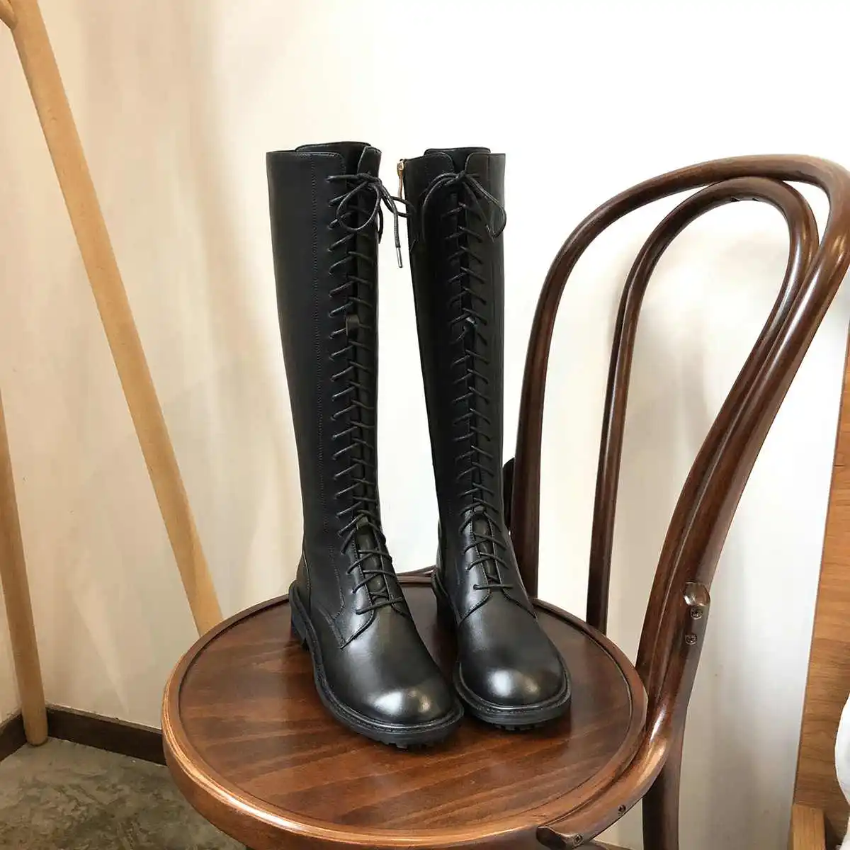 Luxury brand riding boots women knight boots cow leather classic lace up keep warm Motorcycle boots women black knee-high boots