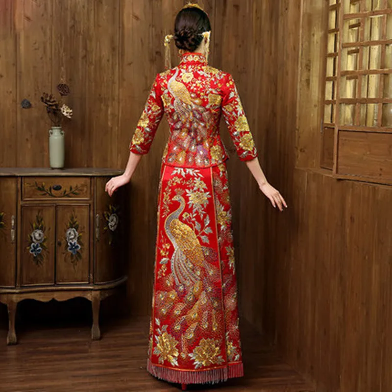 Красное традиционное китайское платье невесты феникс вышивка Cheongsam свадебное Qipao с длинным рукавом восточные стильные вечерние одежды Qi Pao