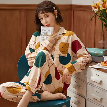 

MELIFLE Autumn Fashion Cotton Turn-down Collar Sleepwear for Women Long Sleeve Loose Mujer Pajamas Sets Cartoon Print Nightwear