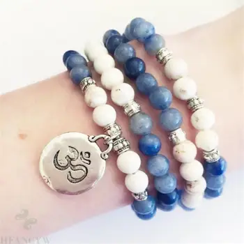 

8mm Blue Jade Gemstone Howlite 108 Beads Mala Necklace Handmade cuff Sutra Chakas Multicolor men Fancy Healing Tassel pray