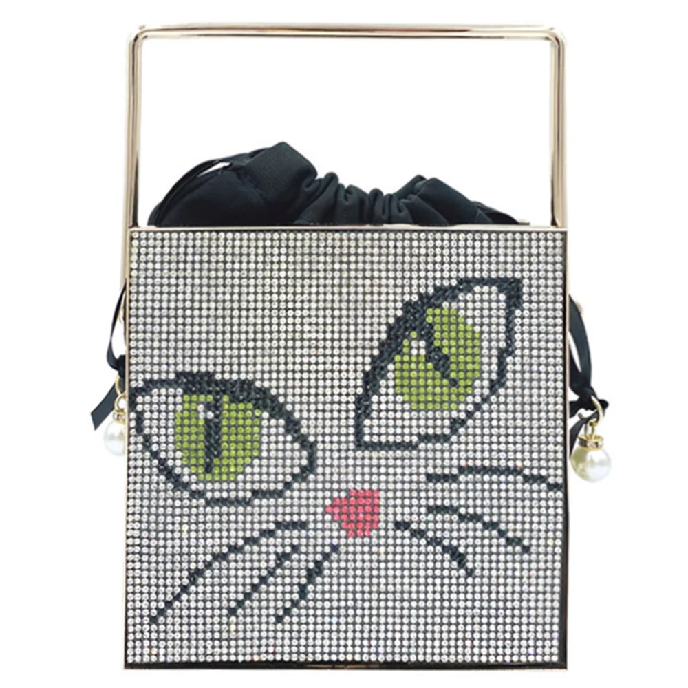 Cartoon Cat Diamond Dinner Bag Women 2021 New Cute Rhinestone Metal Handle Small Square Handbag Female Chic Cage Dinner Purse