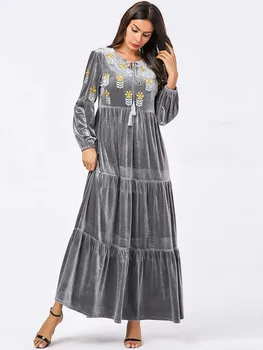 

Ramadan Robe Women Embroidery Floral Velvet Arabic dresses Muslim hijab dress Dubai turkey kaftan Abaya dress islamic Clothing