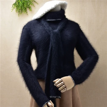 

spring female black knitted blouses belt long sleeves turtleneck angora rabbit fur sweater women base pullover slim small size