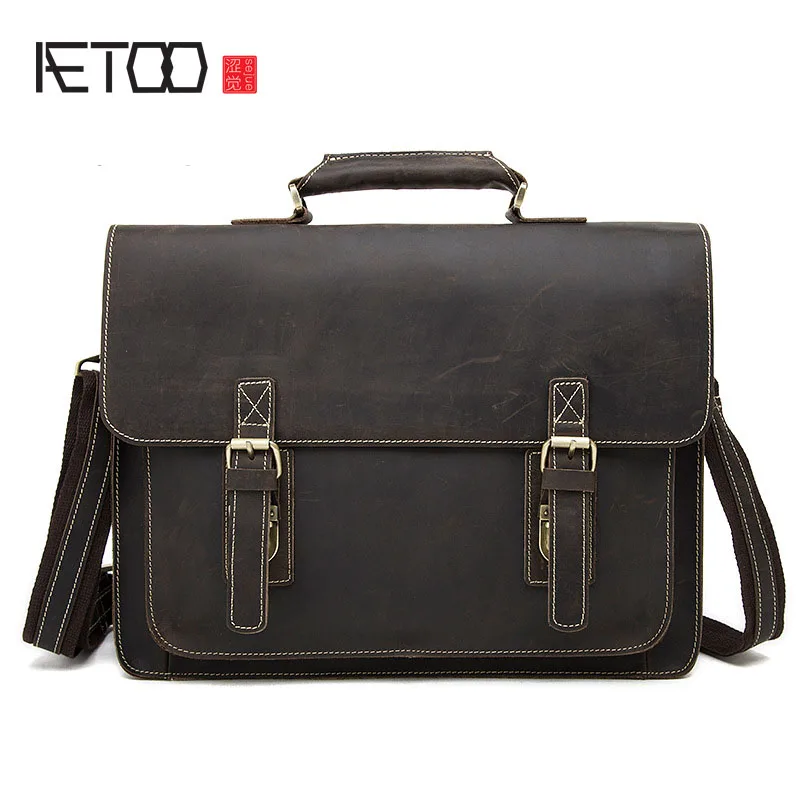 

BJYL New men's bag crazy horse leather handbag retro first layer leather men's 14 inch business briefcase
