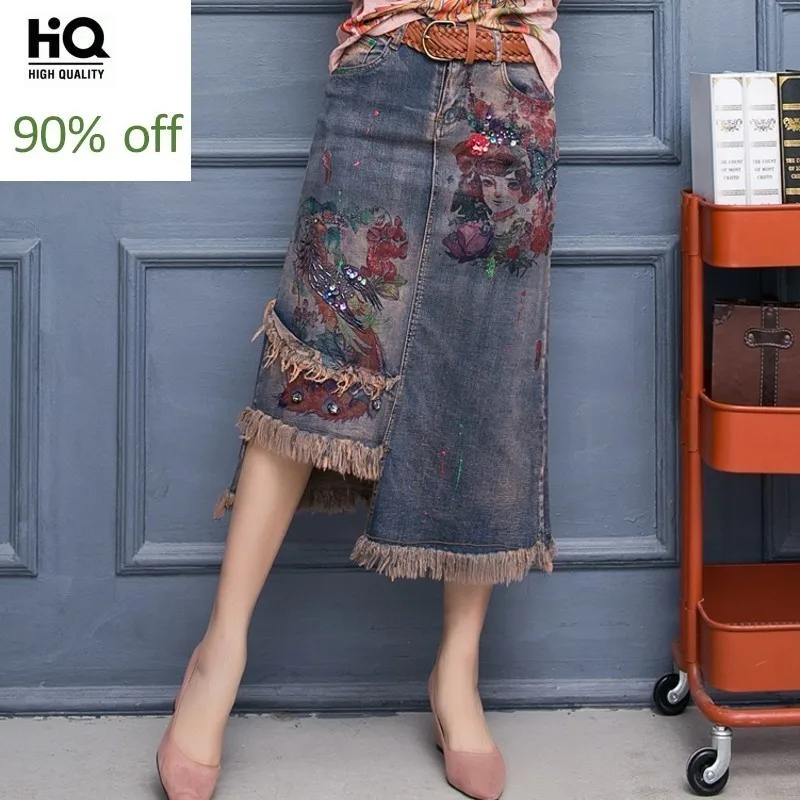 Vintage Onregelmatige Kwastje Stretch Jeans Rokken Womens Herfst Winter Street Vogue Lovertjes Bloem Denim Rok Split Midi Rok Vintage Onregelmatige Kwastje Stretch Jeans Rokken Womens Herfst Winter Street Vogue Lovertjes Bloem Denim Rok Split Midi Rok