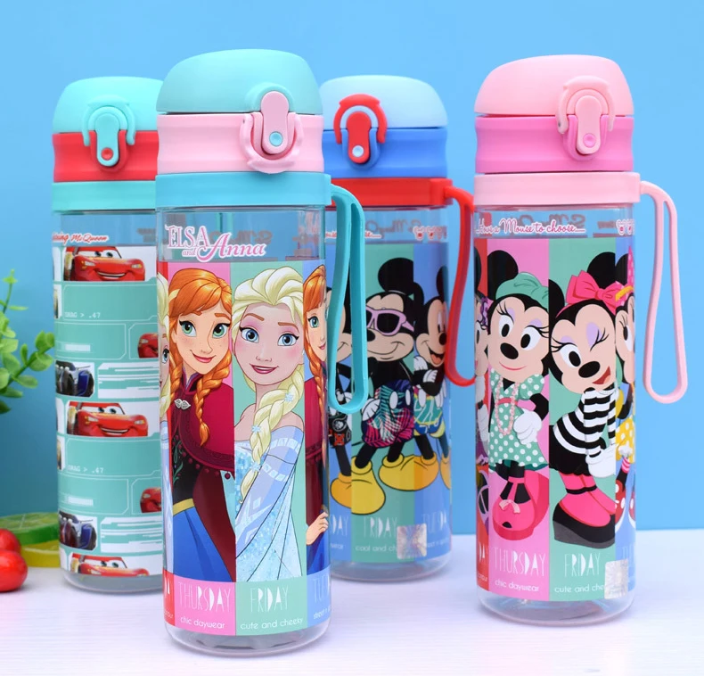 

560ML Cartoon Mickey Minnie Car Plastic Water Bottles with Ropes Best Gift For Girl