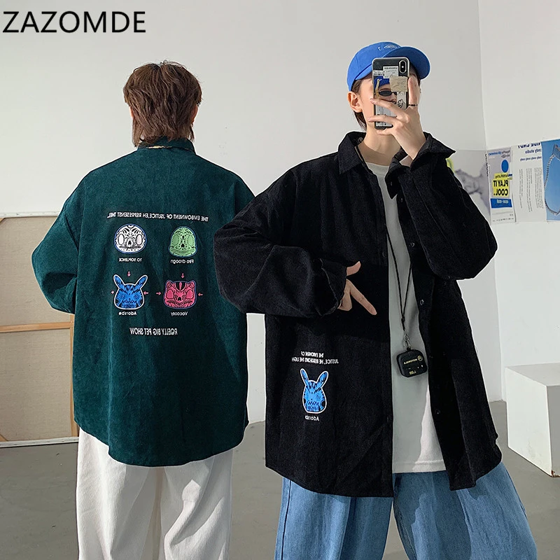 

ZAZOMDE New 2020 Printing Men's Shirt Lapel Hip Hop Fashion Long Sleeve Shirts Men Casual Autumn Corduroy Shirt Men Clothing