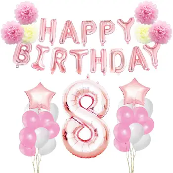 

Happy Birthday Foil Balloons Paper Flower Decoration Set Pink White Color Party Fiesta Number Balloon Supplies
