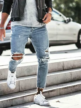 

Hot Sales Men Casual Ripped Skinny Biker Hole Jeans Destroyed Frayed Slim Denim Pants Trousers