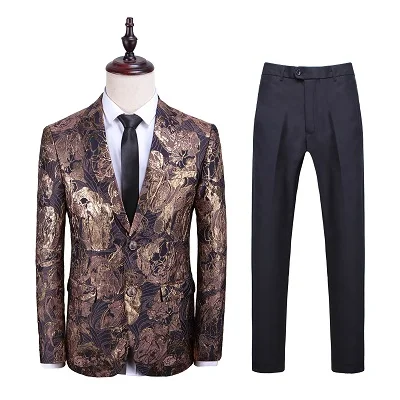 2 Pieces Set Floral Suits Casual Men Blazers Pants Long Sleeve Clothes Printed Dinner Party Suit New Fashion - Цвет: golden