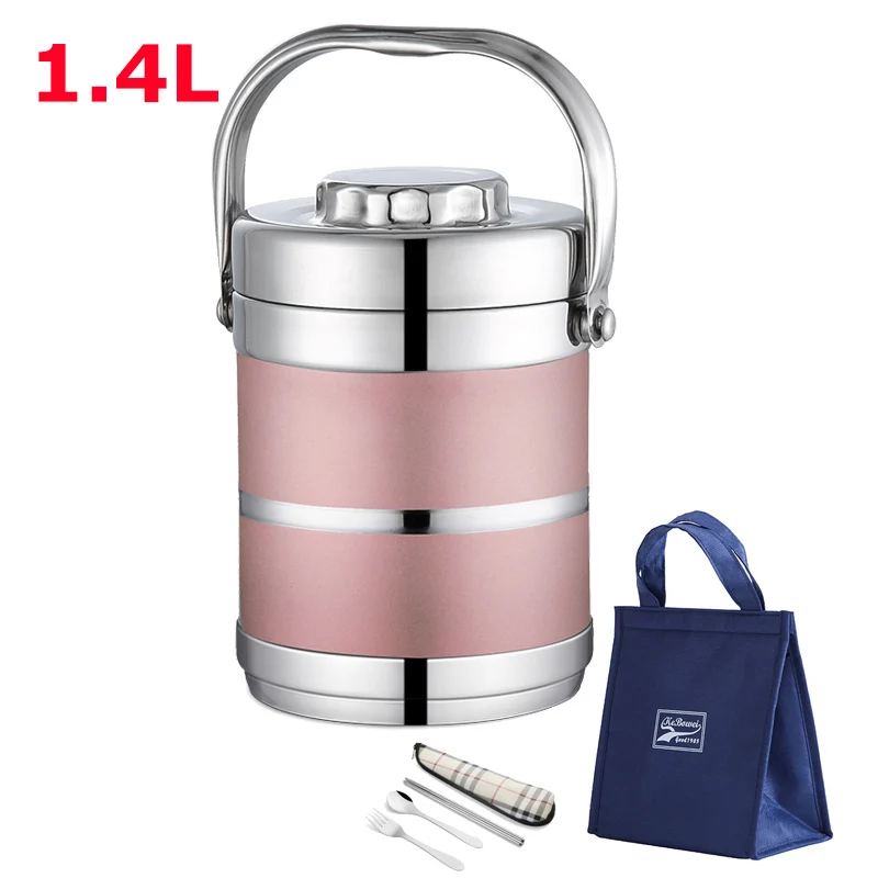 1.4L Pink and Bag 1,4-л вакуумный Ланч-бокс из нержавеющей стали Термос тепловой контейнер для еды офисный детский студенческий для школьных Бенто-бокс розовый большой мешок - Цвет: 1.4L Pink and Bag