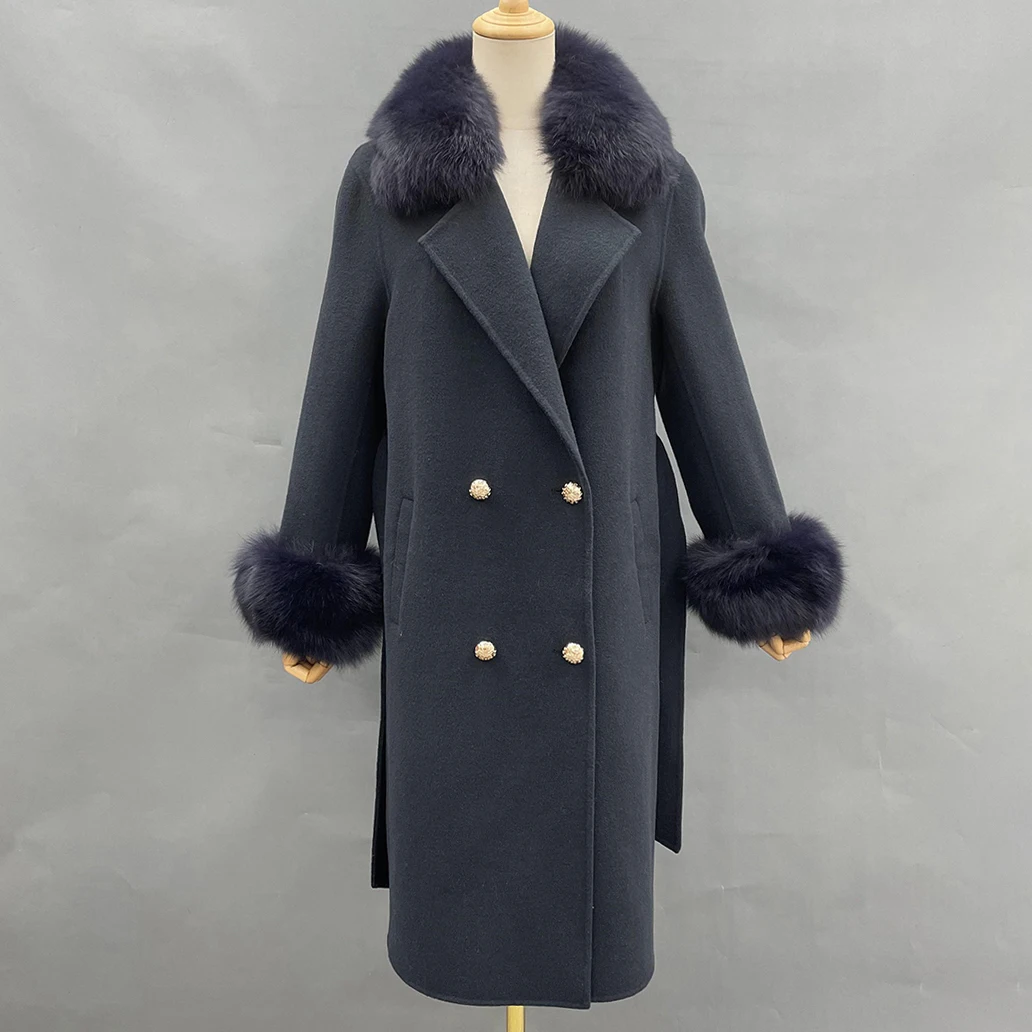 2021 Winter Women Coat Cashmere Wool Jacket With Fox Fur Collar And Cuff Elegant Slim Fit Korean Fashion Long Overcoat Female long black puffer coat