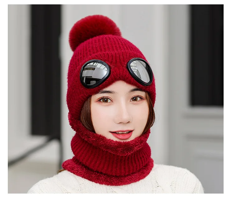 Зимняя шерстяная вязаная шапка для женщин, шарф Skullies Beanies, шапки для женщин, лыжные Съемные очки, шапки Gorras Bonnet, маски, шапки