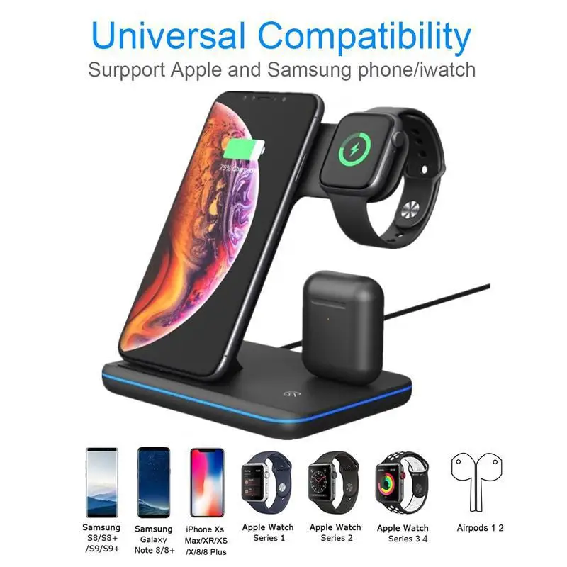 3 в 1 Универсальное 15 Вт Qi Беспроводное зарядное устройство для Iphone X 8 Xiaomi Quick Charge 3,0 док-станция Подставка для Apple Airpods Watch 4 3 2 1 r20