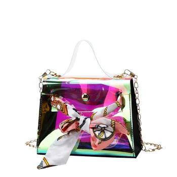 

Laser Women Shoulder Bag Female Scarves Decorated Jelly Handbag Small Messenger Bag For Lady Design Exquisite Crossbody Bag 2020