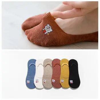 

Solid Color Boat Socks Women Casual Cartoon Kawaii Cotton Heart Pig Embroidery Non-Slip Silicone No Show Happy Cool Breathable