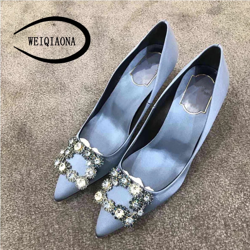 WEIQIAONA/фирменный дизайн; роскошные женские туфли на высоком каблуке с кристаллами; коллекция года; женские туфли с острым носком; свадебные туфли; модельные туфли-лодочки - Цвет: 8cm blue